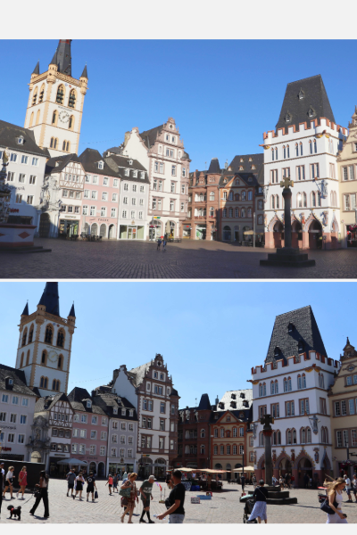 Der Hauptmarkt in Trier am Morgen und Mittags